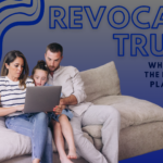 A promotional graphic for Silverleaf Legal Group, PLLC, titled 'Revocable Trusts: When a Trust is the Right Estate Planning Tool for Clients.' The image features a family of four sitting on a couch, with the parents and two children looking at a laptop. The background has blue wavy patterns. The Silverleaf Legal Group logo is at the bottom right.