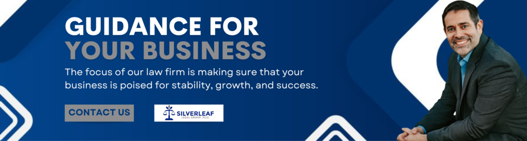 A promotional banner for Silverleaf Legal Group, PLLC, titled 'Guidance for Your Business.' The banner features a smiling man in a suit on the right side, with text on the left side stating that the focus of the law firm is to ensure your business is poised for stability, growth, and success. A 'Contact Us' button is at the bottom left along with the Silverleaf Legal Group logo.