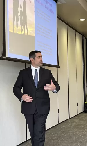 Image of attorney Thomas D. Fortenberry speaking about estate planning at a seminar in Brushy Creek