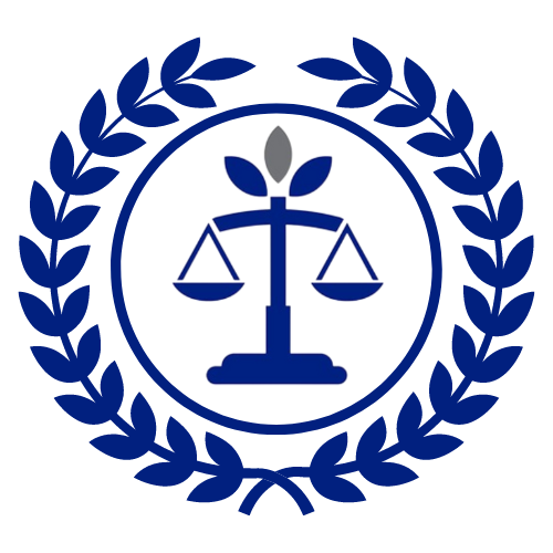 A blue and gray emblem featuring the scales of justice at the center, symbolizing balance and fairness. The scales are surrounded by a laurel wreath, representing victory and honor.