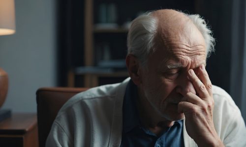 An elderly man with white hair and a beard sits with a pensive expression, resting his hand on his forehead. He is wearing a white sweater over a blue shirt and is seated in a dimly lit room with a lamp and bookshelf in the background.